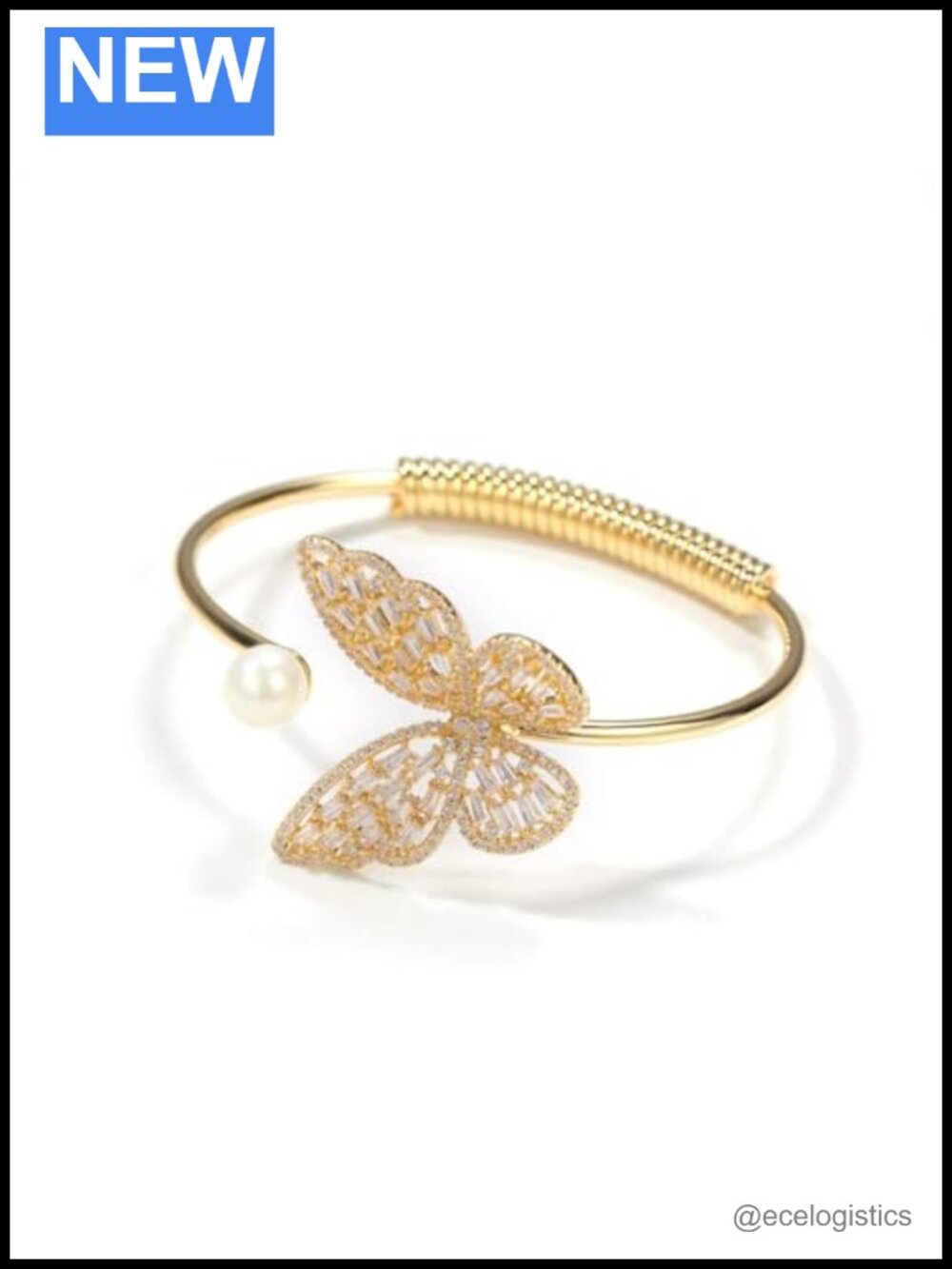 14K Gold Moissanite Butterfly Bangle with Freshwater Pearl Charm
